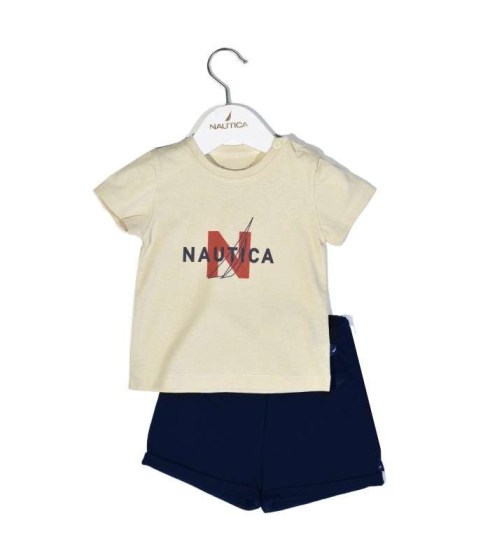 Nautica Des.14 Σετ T-Shirt & Shorts Jersey Beige/Navy 68cm 3-6 μηνών Omega Home