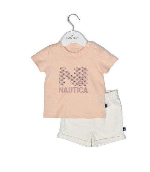 Nautica Des.16 Σετ T-Shirt & Shorts Jersey Salmon/Ecru 68cm 3-6 μηνών Omega Home